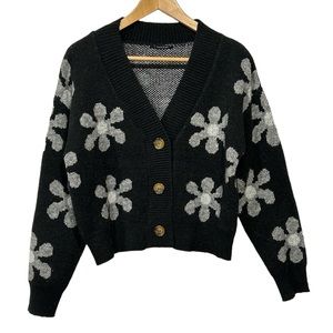 Tahari Daisy Jacquard Print Cropped Cardigan Button Front V Neck Black Sz M
